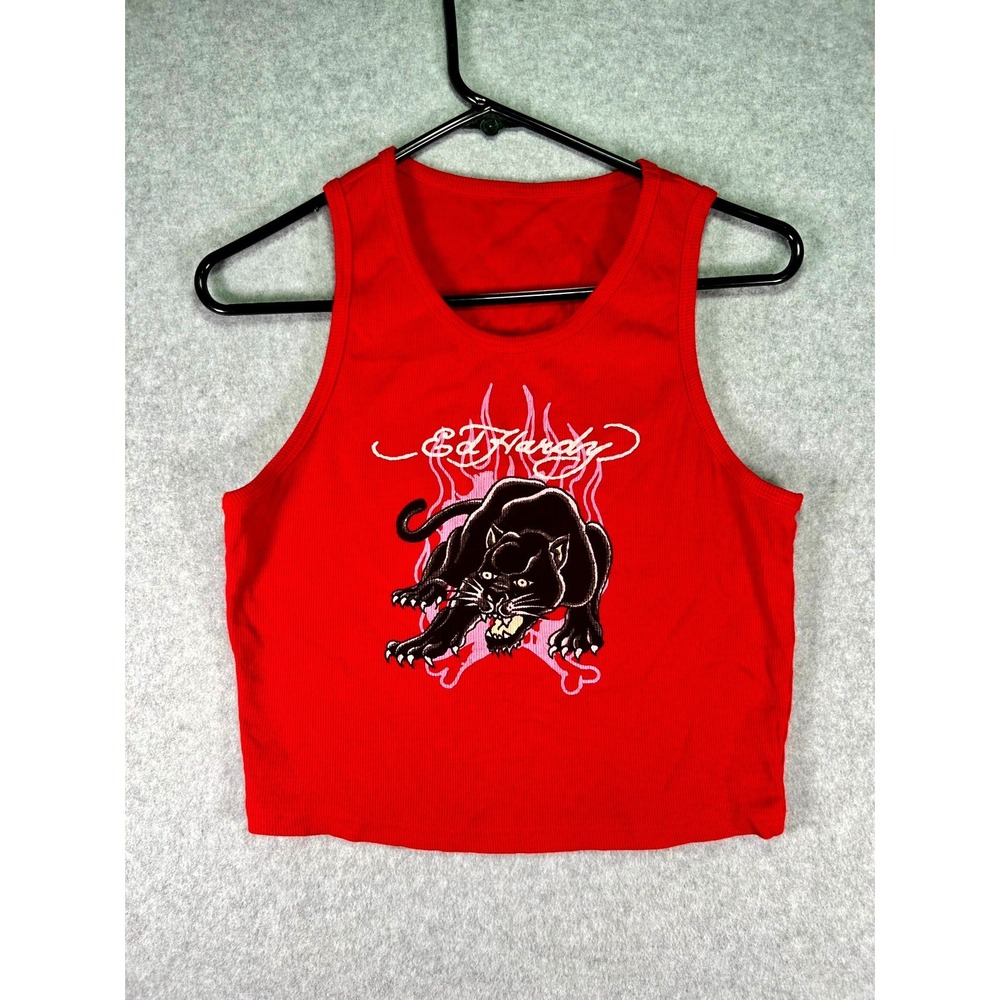 Ed Hardy Crop small Tank Top Women's Red Black Panther Graphic Print Ribbed